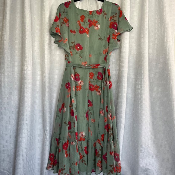 Calvin Klein Blue Sage Floral Ruffle V-Neck A-Line Midi Dress - Picture 2 of 3